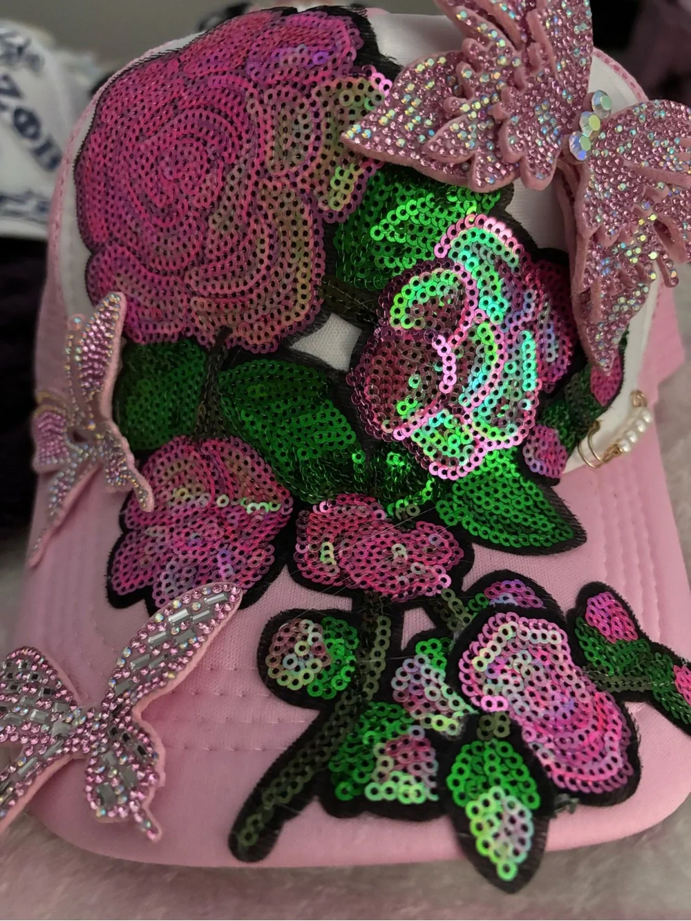 Pink Sequin Floral Cap with Rhinestone Butterflies